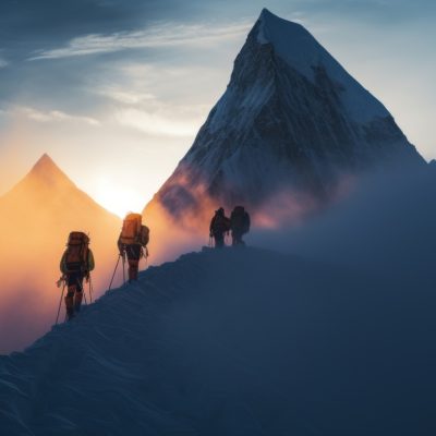 trekkers standing amidst a breathtaking mountain silhouette at sunset, surrounded by snow and fog. this national geographic photo, captured in the style of a graflex speed graphic, showcases nature-inspired installations in an unreal engine. the extreme angle and use of zbrush add depth and realism, truly capturing the essence of nature's beauty. ai generated